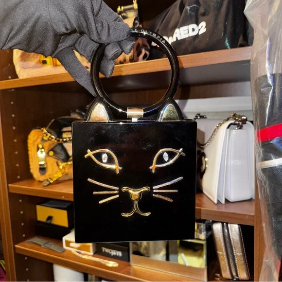 Charlotte Olympia Black Cat Handbag with Gold Accents - Picture 12 of 13